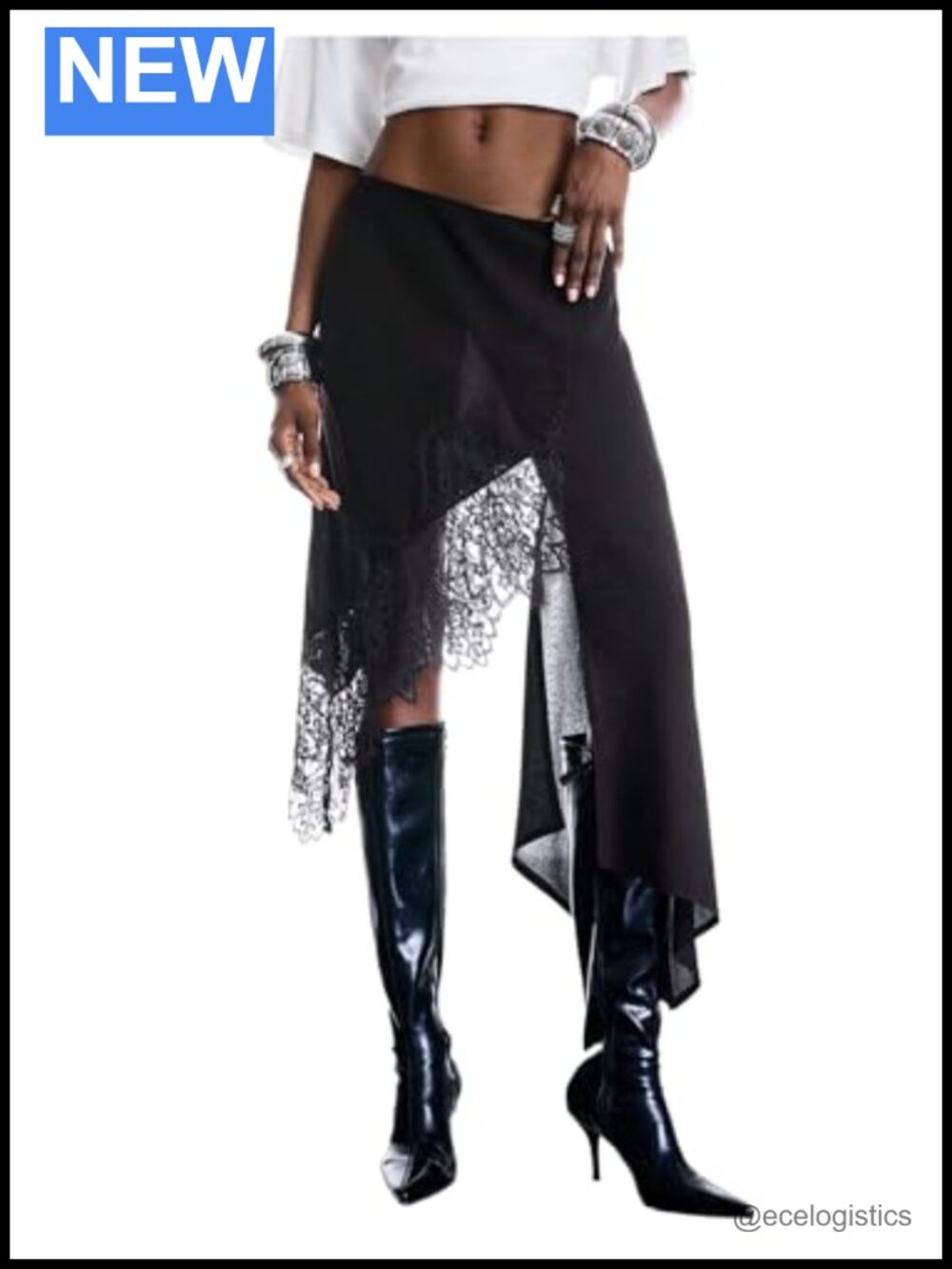 Women's Lace Patchwork Asymmetrical Midi Skirt Y2K Festival High Low